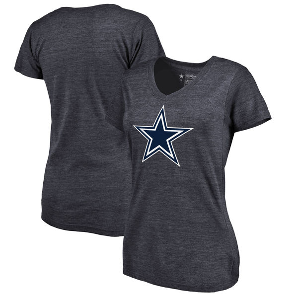Dallas Cowboys NFL Pro Line by Fanatics Branded Women's Distressed Primary Logo Tri Blend V Neck T-Shirt Navy